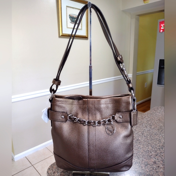 NWT COACH NORTH SOUTH Bronze Chain Duffle Leather  Purse F1295 … - Picture 1 of 12